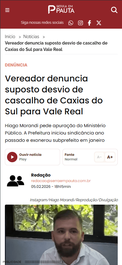 Vereador denuncia suposto desvio de cascalho de Caxias do Sul para Vale Real