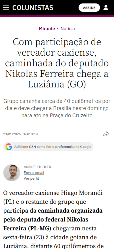 Com participação de vereador caxiense, caminhada do deputado Nikolas Ferreira chega a Luziânia (GO)